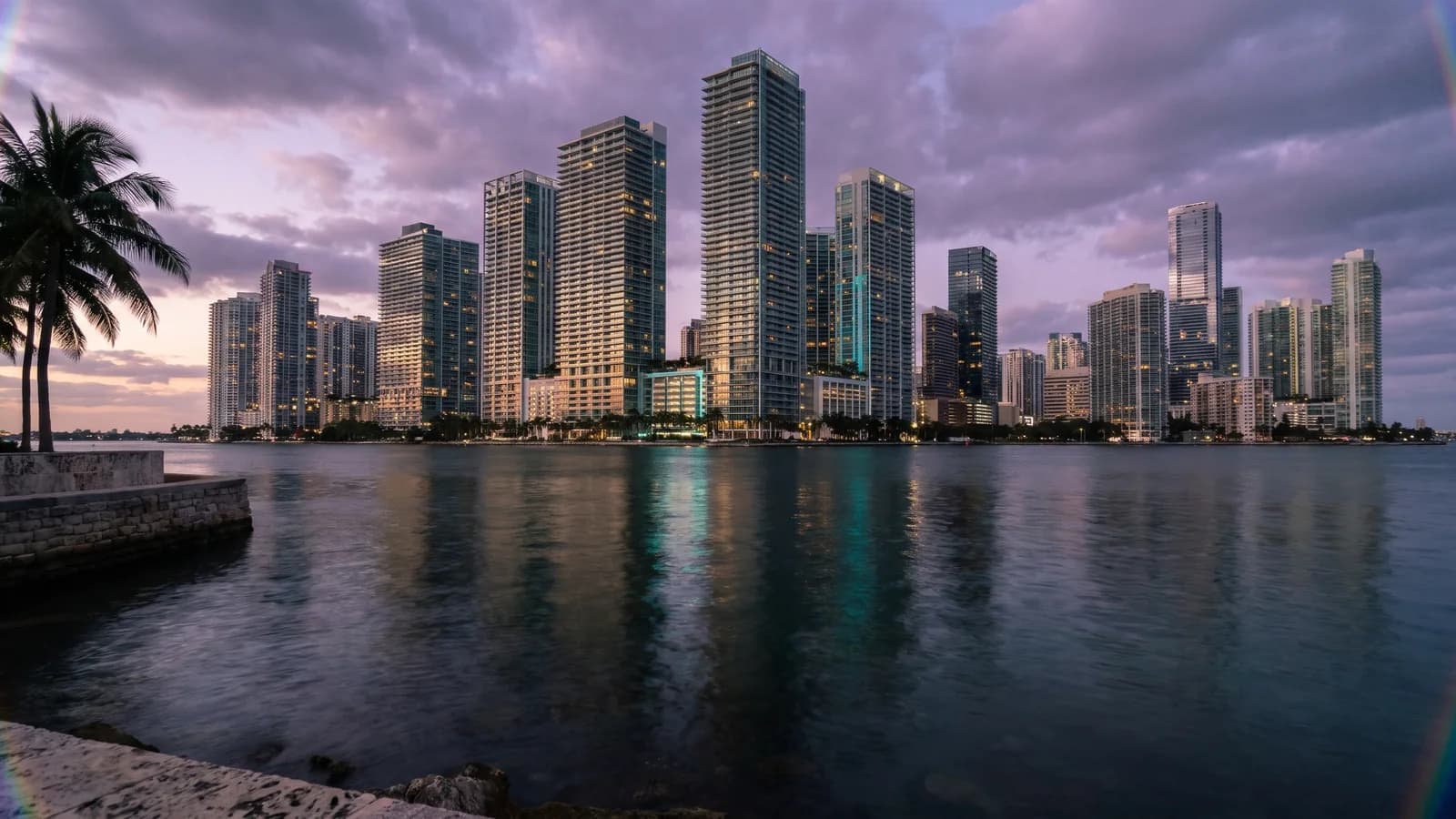 AI-generated Miami city portrait with Brickell towers, turquoise water, and warm gold light
