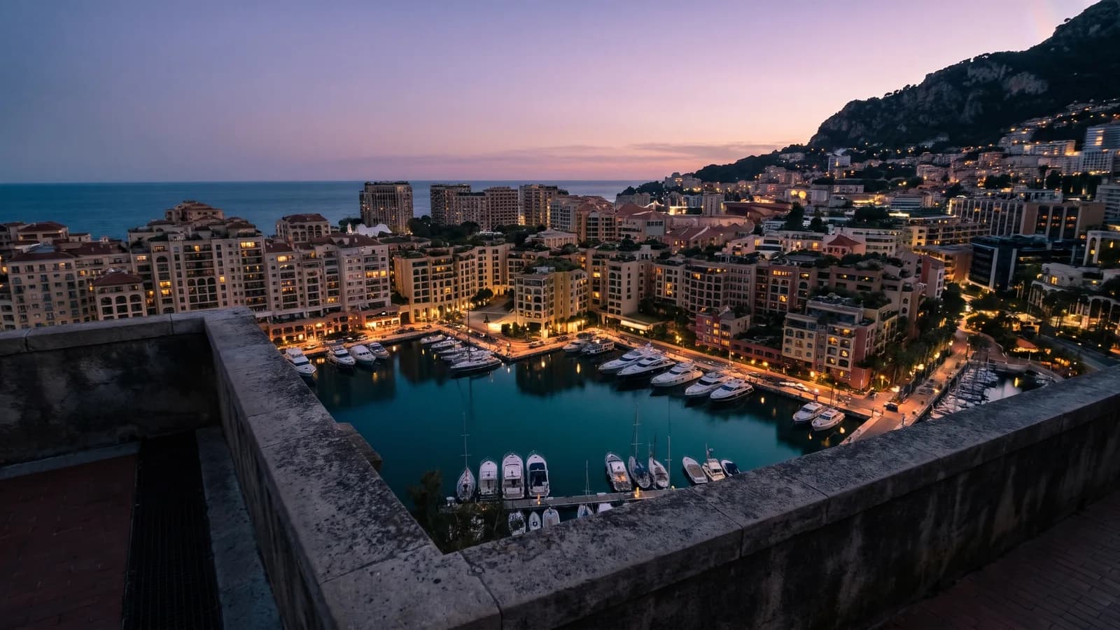 AI-generated Monaco city portrait with a harbour and gold lights at amethyst dusk