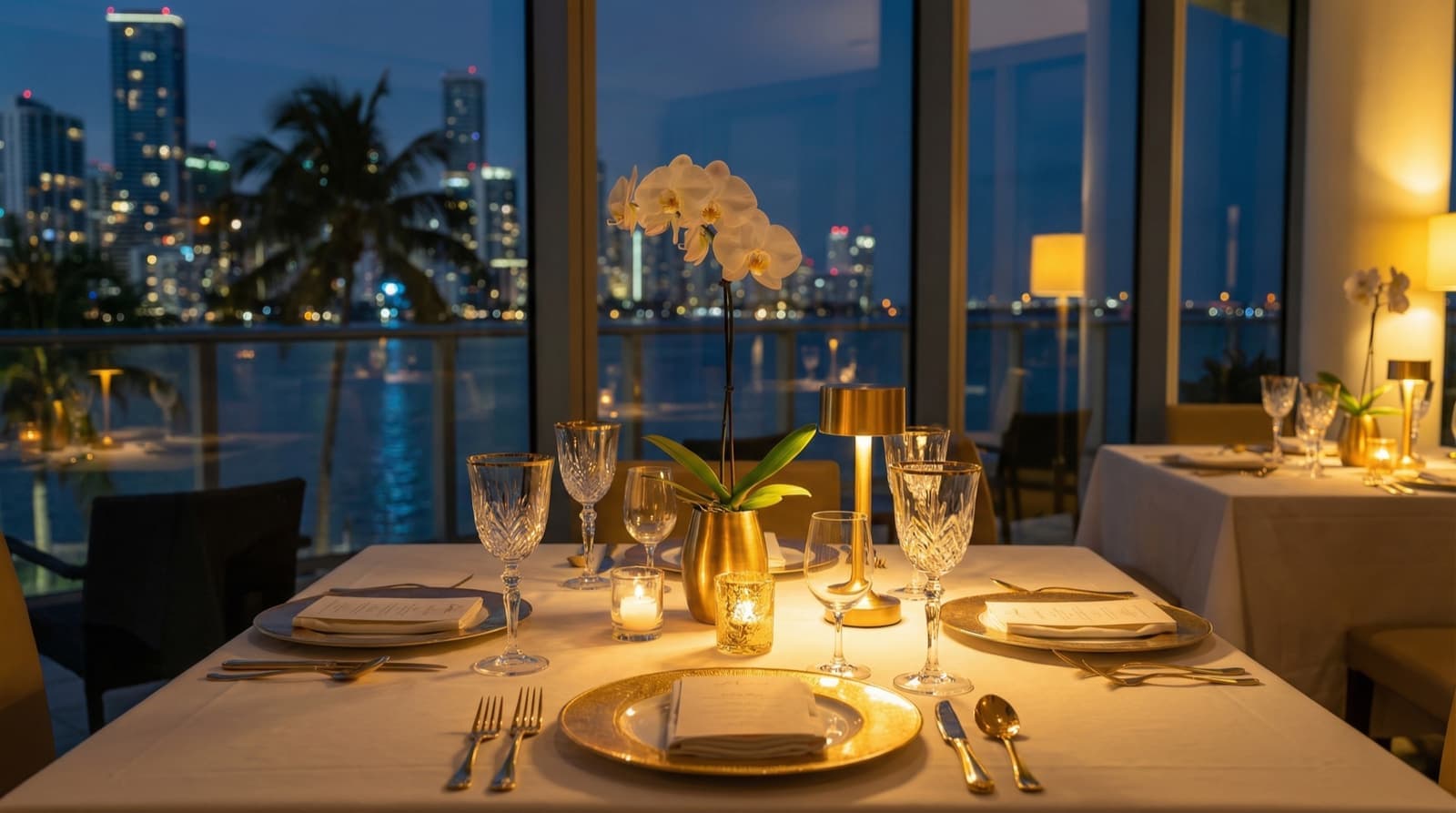 Rooftop dining atmosphere against the Miami skyline