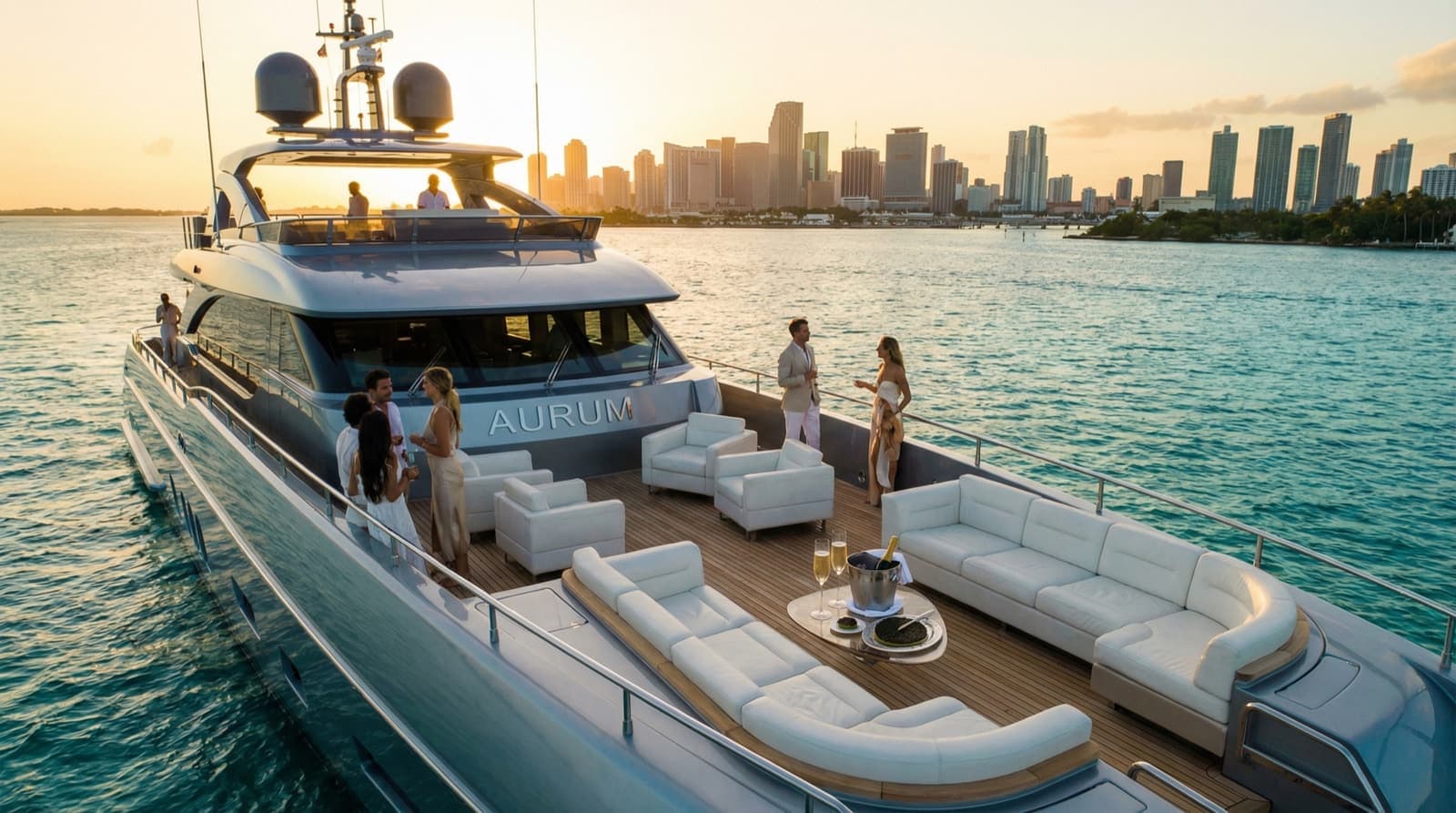 A yacht on Biscayne Bay at golden hour