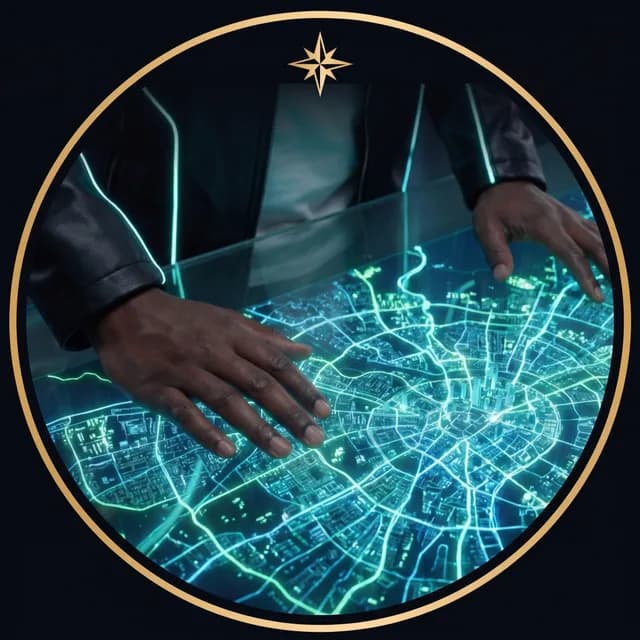 Hands on a luminous city map, framed by a leather jacket — The MAP emblem